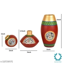 Handcrafted Rustic Warli Vases In Red Colour Pack Of 3 Sizes - 3